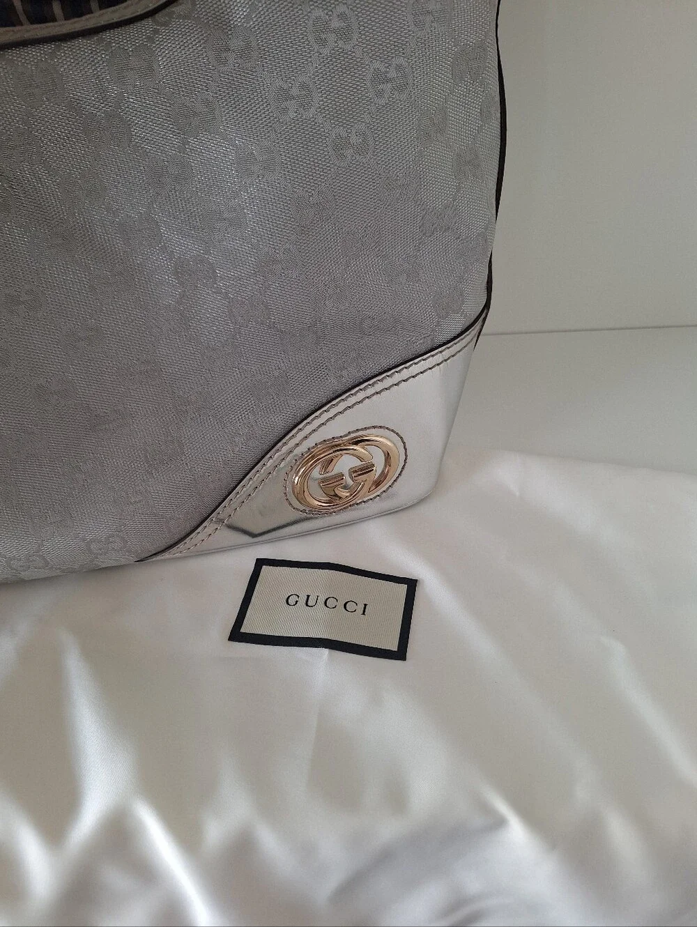 Gucci Metallic Silver Monogram Hobo EUC